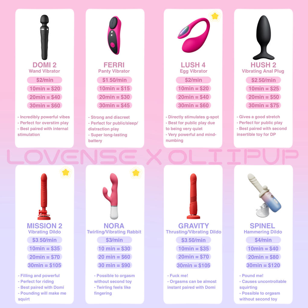 Basic toy rates 1) Domi 2: $2 per minute; 2) Ferri: $1.50 per minute; 3) Lush 4: $2 per minute; 4) Hush 2: $2.50 per minute; 5) Mission 2: $3.50 per minute; 6) Nora: $3 per minute; 7) Gravity: $3.50 per minute; 8) Spinel: $4 per minute