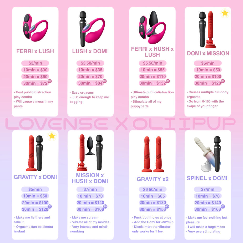 Combo toy rates 1) Ferri & Lush: $3/min; 2) Lush & Domi: $3.50/min; 3) Ferri & Hush & Lush: $5.50/min; 4) Domi & Mission: $5/min; 5) Gravity & Domi: $5/min; 6) Mission & Hush & Domi: $7/min; 7) Gravity x2: $6.50/min; 8) Spinel & Domi: $7/min